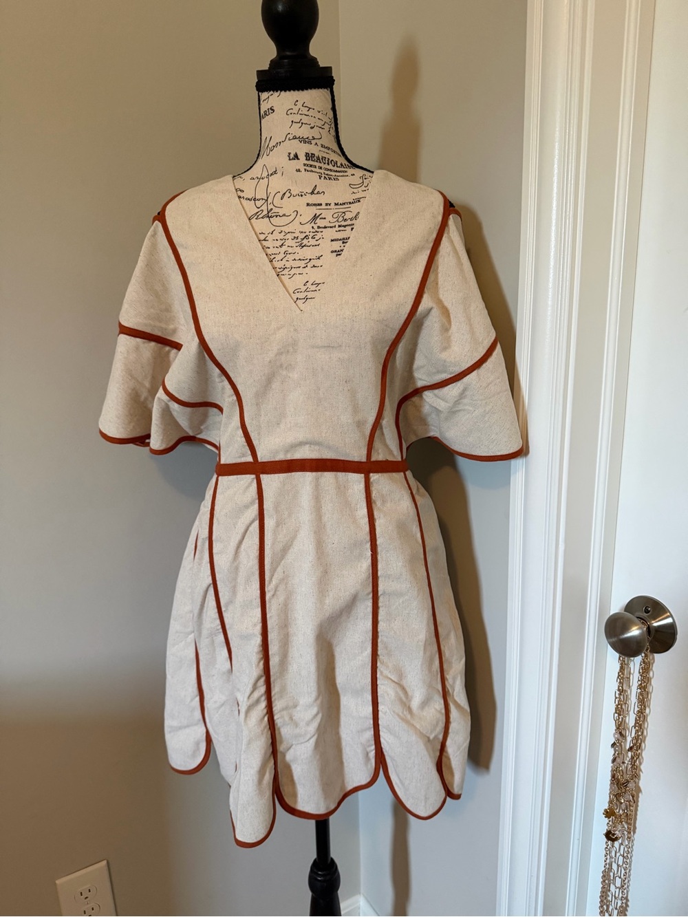 Fate Women's Cream V-Neck Dress with Rust Piping size large